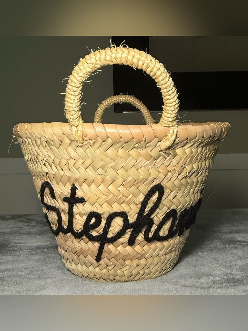 Stephanie Bridesmaid Straw Tote Basket with Black Script